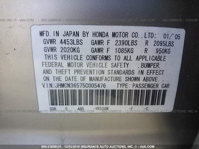 JHMCN36575C005476 - 2005 HONDA ACCORD HYBRID TAN photo 9