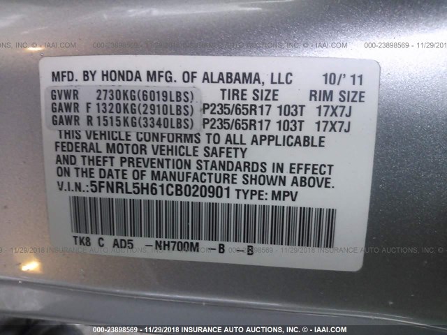 5FNRL5H61CB020901 - 2012 HONDA ODYSSEY EXL SILVER photo 9