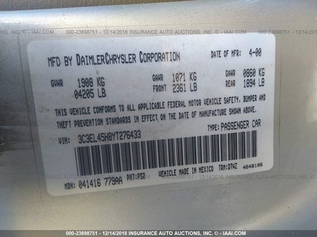 3C3EL45H8YT276433 - 2000 CHRYSLER SEBRING JX SILVER photo 9