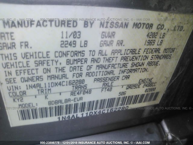 1N4AL11DX4C162280 - 2004 NISSAN ALTIMA S/SL GRAY photo 9