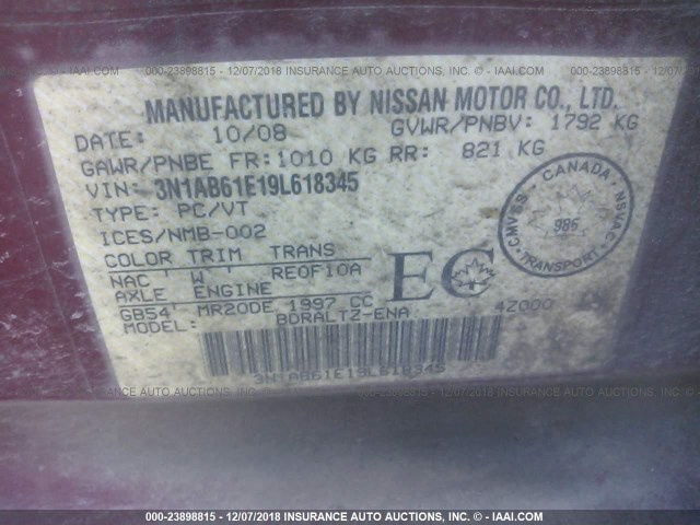 3N1AB61E19L618345 - 2009 NISSAN SENTRA 2.0/2.0S/2.0SL RED photo 9