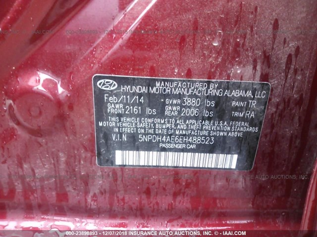 5NPDH4AE6EH488523 - 2014 HYUNDAI ELANTRA SE/SPORT/LIMITED RED photo 9