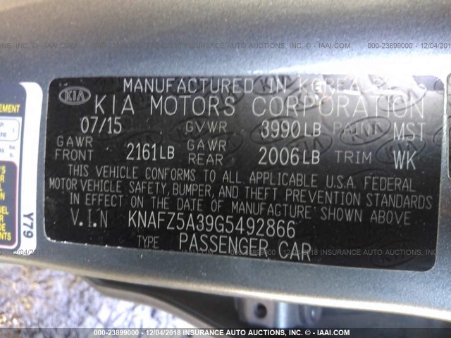 KNAFZ5A39G5492866 - 2016 KIA FORTE SX GRAY photo 9