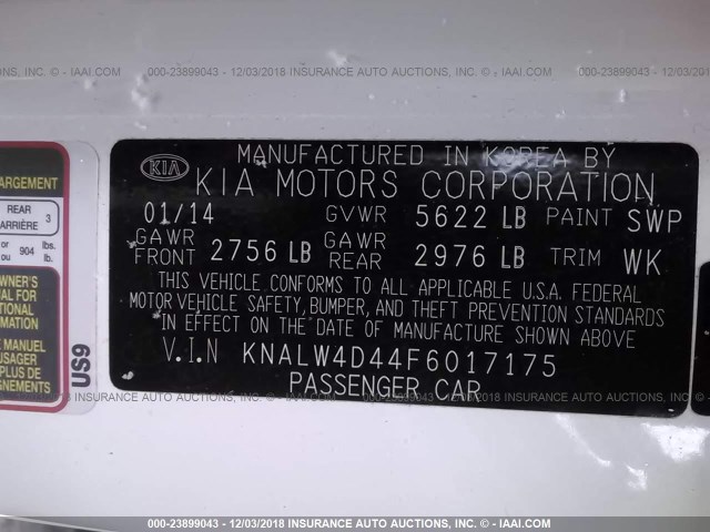 KNALW4D44F6017175 - 2015 KIA K900 WHITE photo 9