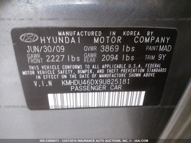 KMHDU46DX9U825181 - 2009 HYUNDAI ELANTRA GLS/SE GRAY photo 9