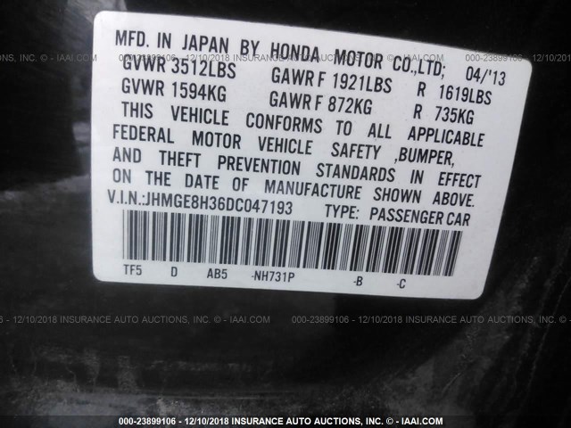 JHMGE8H36DC047193 - 2013 HONDA FIT BLACK photo 9