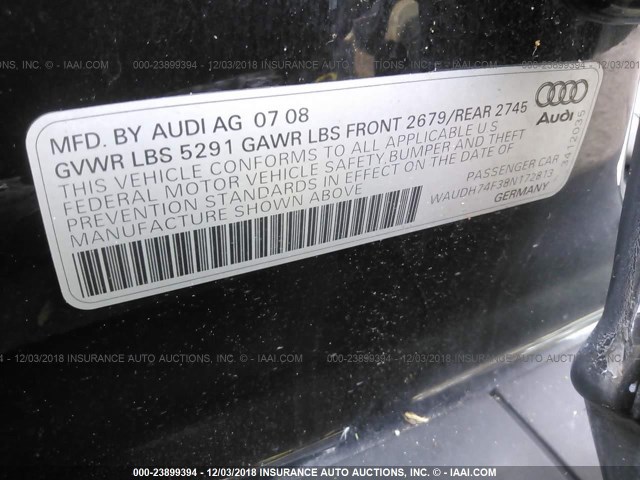 WAUDH74F38N172813 - 2008 AUDI A6 3.2 QUATTRO BLACK photo 9