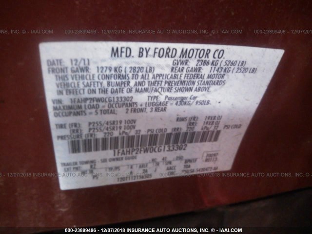 1FAHP2FW0CG133302 - 2012 FORD TAURUS LIMITED RED photo 9