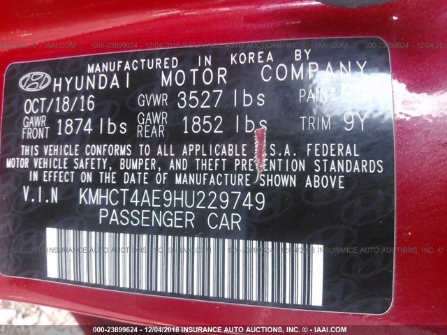 KMHCT4AE9HU229749 - 2017 HYUNDAI ACCENT SE RED photo 9