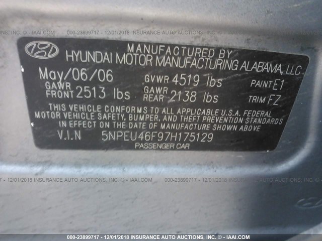 5NPEU46F97H175129 - 2007 HYUNDAI SONATA SE/LIMITED GRAY photo 9