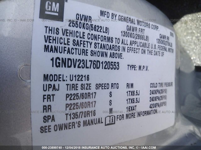 1GNDV23L76D120553 - 2006 CHEVROLET UPLANDER LS GRAY photo 9