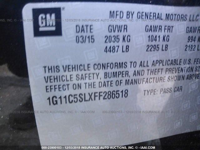 1G11C5SLXFF286518 - 2015 CHEVROLET MALIBU 1LT 黑色 照片 9