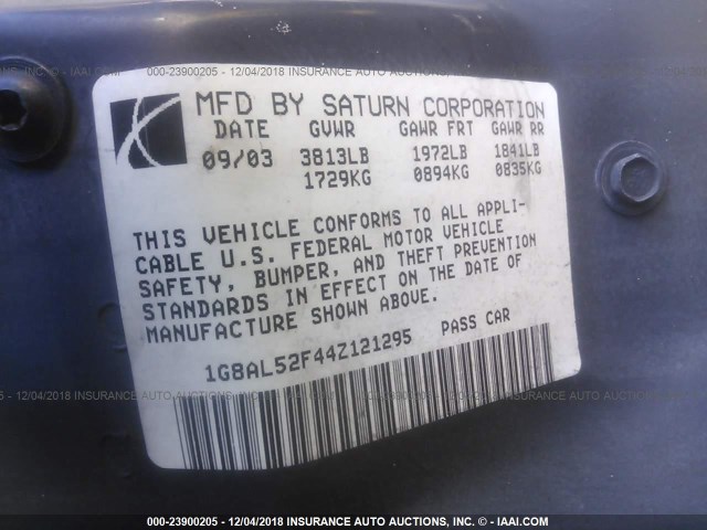 1G8AL52F44Z121295 - 2004 SATURN ION LEVEL 3 BLACK photo 9