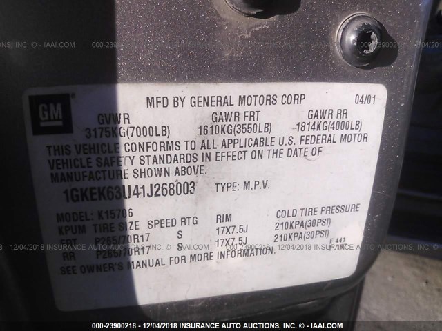 1GKEK63U41J268003 - 2001 GMC DENALI TAN photo 9