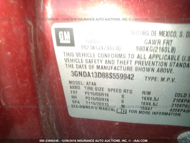 3GNDA13D88S559942 - 2008 CHEVROLET HHR LS Rojo foto 9