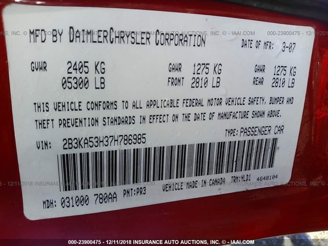 2B3KA53H37H786985 - 2007 DODGE CHARGER R/T RED photo 9