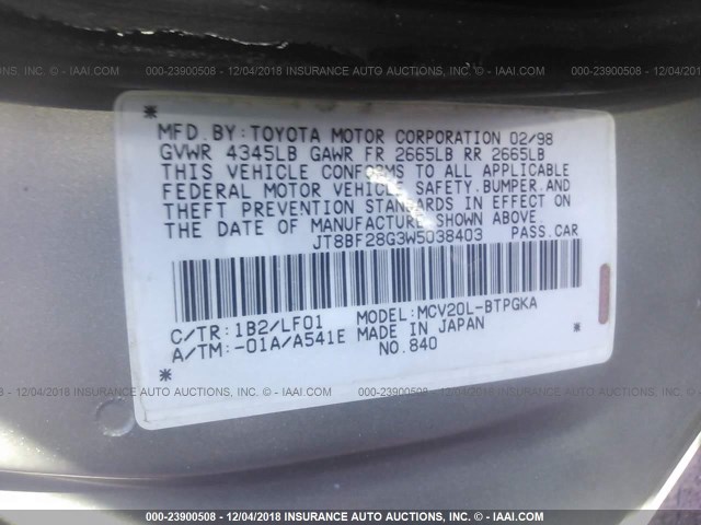 JT8BF28G3W5038403 - 1998 LEXUS ES 300 SILVER photo 9