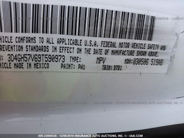 3D4GH57V69T590973 - 2009 DODGE JOURNEY SXT WHITE photo 9