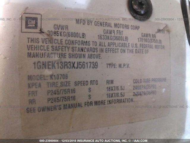 1GNEK13R3XJ561739 - 1999 CHEVROLET TAHOE K1500 WHITE photo 9