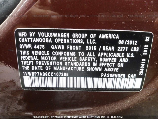 1VWBP7A38CC107285 - 2012 VOLKSWAGEN PASSAT SE BURGUNDY photo 9