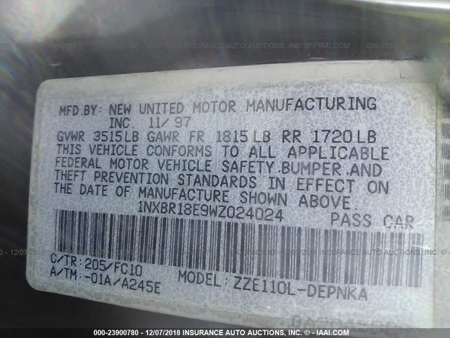 1NXBR18E9WZ024024 - 1998 TOYOTA COROLLA VE/CE/LE 黑色 照片 9