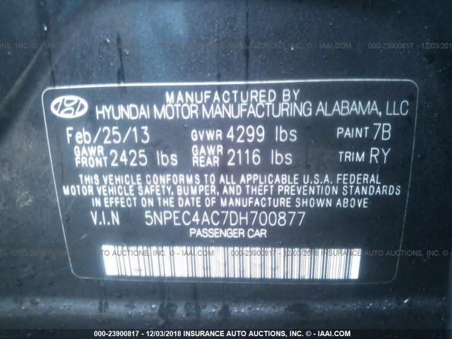 5NPEC4AC7DH700877 - 2013 HYUNDAI SONATA SE/LIMITED BLACK photo 9