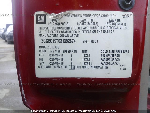 2GCEC19T031392874 - 2003 CHEVROLET SILVERADO C1500 RED photo 9