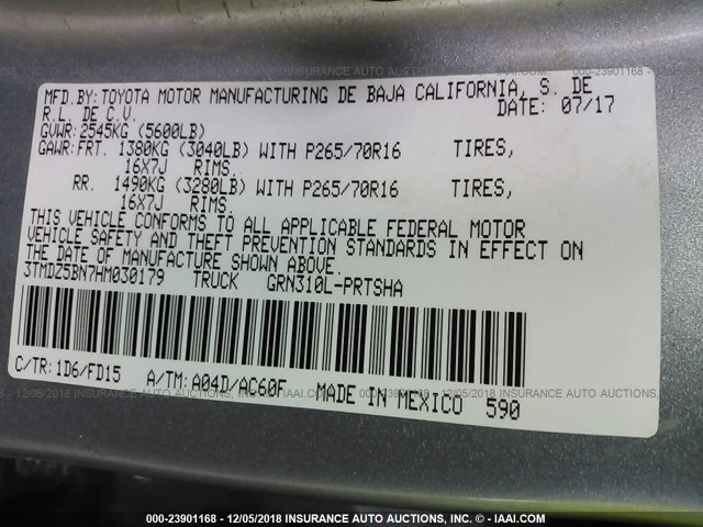 3TMDZ5BN7HM030179 - 2017 TOYOTA TACOMA DBL CAB/SR5/TRD SPORT/OR SILVER photo 9