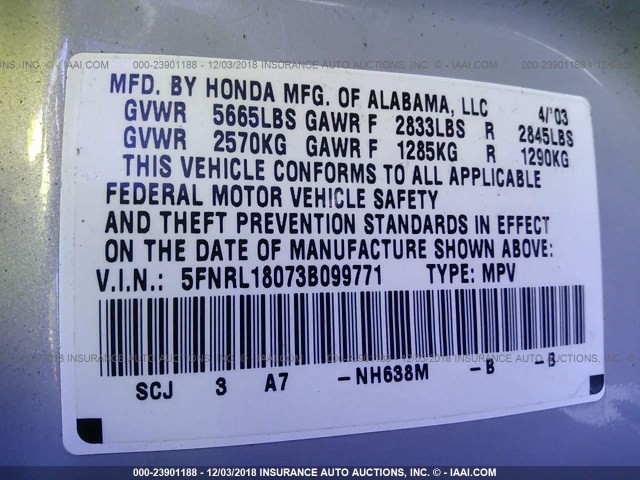 5FNRL18073B099771 - 2003 HONDA ODYSSEY EXL SILVER photo 9