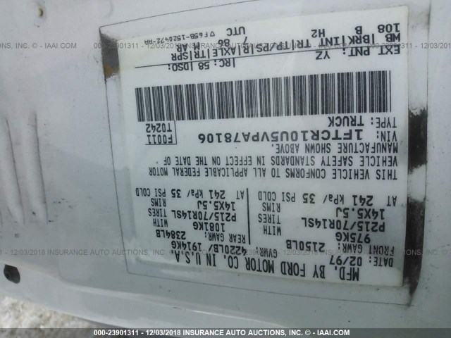 1FTCR10U5VPA78106 - 1997 FORD RANGER WHITE photo 9