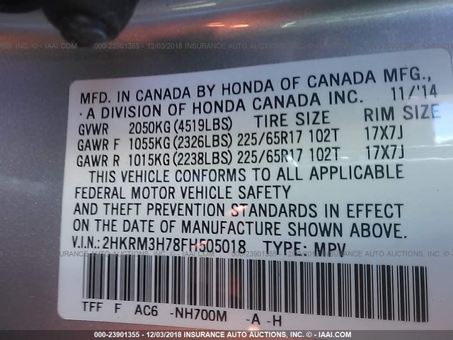 2HKRM3H78FH505018 - 2015 HONDA CR-V EXL SILVER photo 9