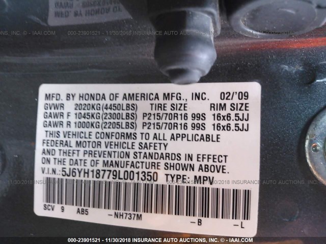 5J6YH18779L001350 - 2009 HONDA ELEMENT EX GRAY photo 9