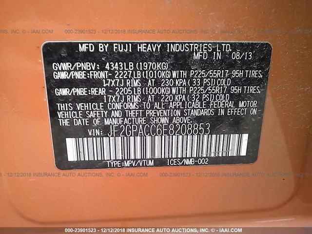 JF2GPACC6E8208853 - 2014 SUBARU XV CROSSTREK 2.0 PREMIUM ORANGE photo 9