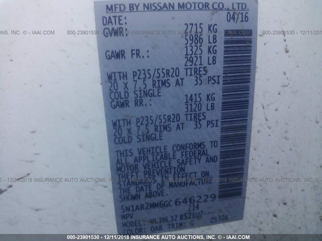 5N1AR2MM6GC646229 - 2016 NISSAN PATHFINDER S/SV/SL/PLATINUM WHITE photo 9