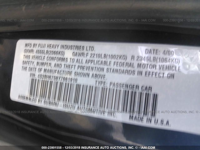 4S3BH6759Y7661910 - 2000 SUBARU LEGACY OUTBACK AWP 深蓝色 照片 9