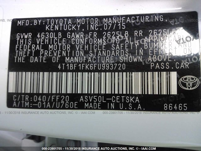 4T1BF1FK6FU993720 - 2015 TOYOTA CAMRY LE/XLE/SE/XSE WHITE photo 9