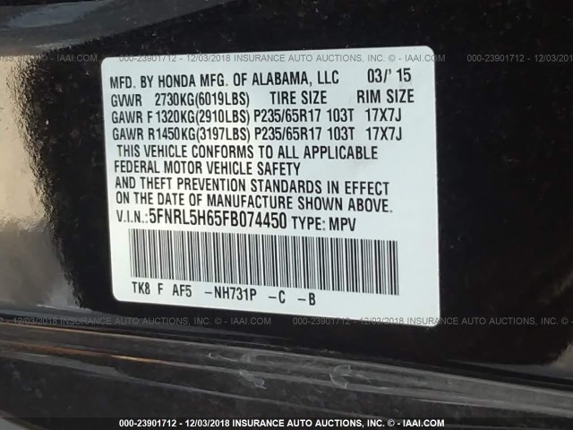 5FNRL5H65FB074450 - 2015 HONDA ODYSSEY EXL BLACK photo 9