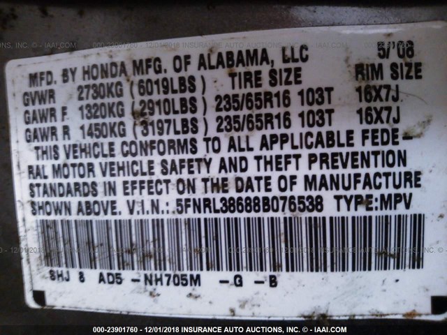 5FNRL38688B076538 - 2008 HONDA ODYSSEY EXL GRAY photo 9