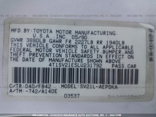 4T1SV21E5LU231792 - 1990 TOYOTA CAMRY DLX 白色 照片 9