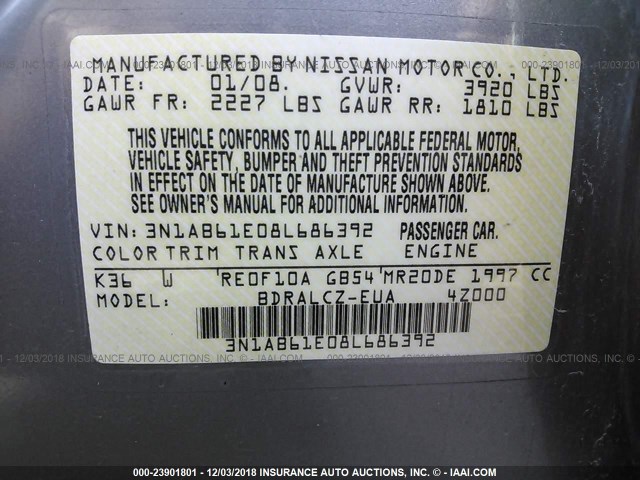 3N1AB61E08L686392 - 2008 NISSAN SENTRA 2.0/2.0S/2.0SL SILVER photo 9