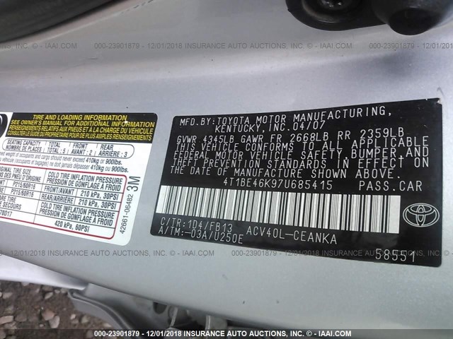 4T1BE46K97U685415 - 2007 TOYOTA CAMRY NEW GENERAT CE/LE/XLE/SE SILVER photo 9