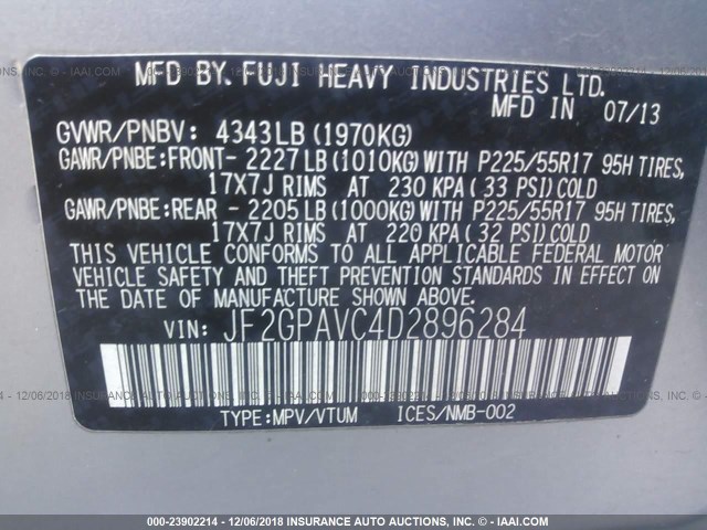 JF2GPAVC4D2896284 - 2013 SUBARU XV CROSSTREK 2.0 PREMIUM SILVER photo 9