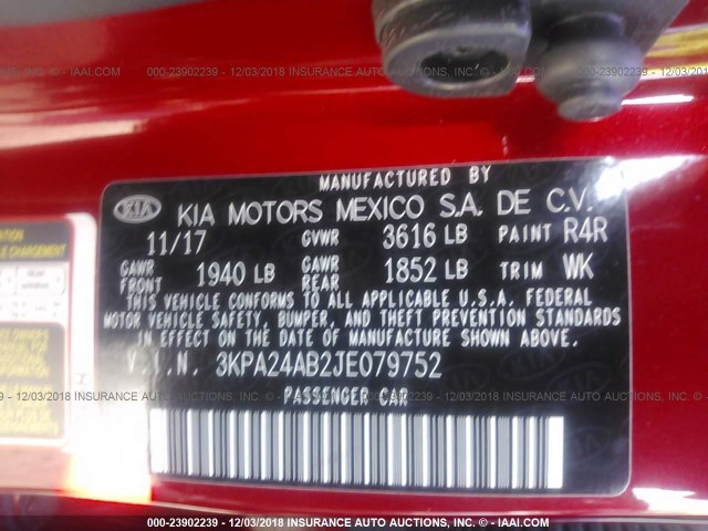 3KPA24AB2JE079752 - 2018 KIA RIO LX/S RED photo 9