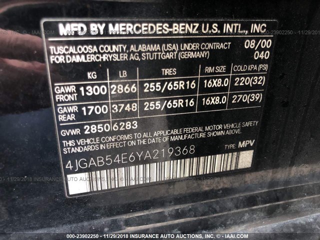 4JGAB54E6YA219368 - 2000 MERCEDES-BENZ ML 320 BLACK photo 9