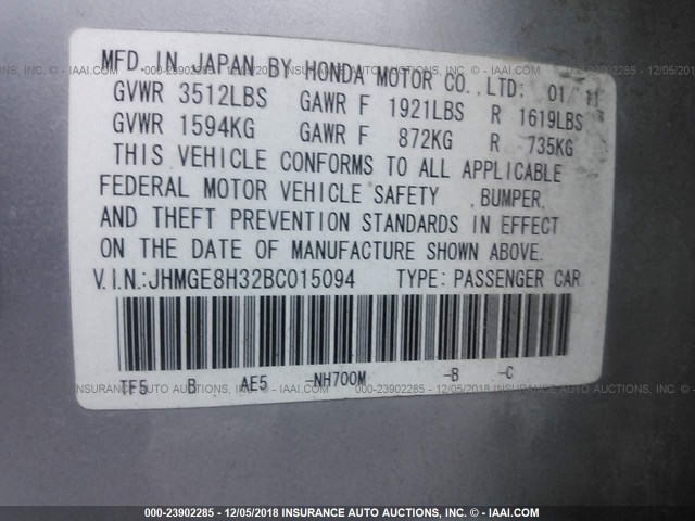 JHMGE8H32BC015094 - 2011 HONDA FIT SILVER photo 9