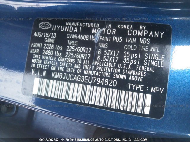 KM8JUCAG3EU794820 - 2014 HYUNDAI Tucson GLS/LIMITED/SE BLUE photo 9