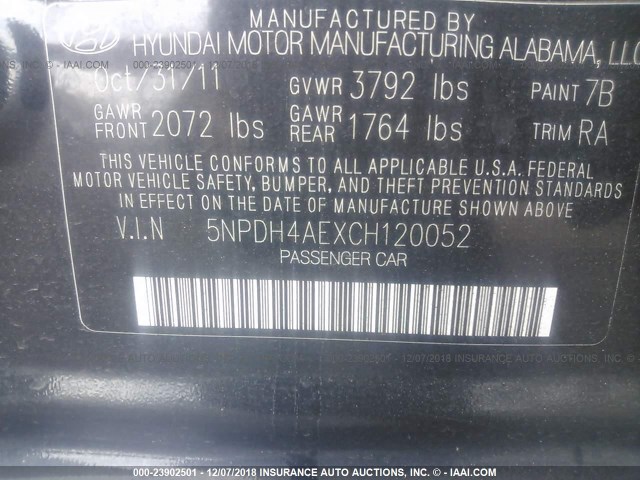 5NPDH4AEXCH120052 - 2012 HYUNDAI ELANTRA GLS/LIMITED BLACK photo 9