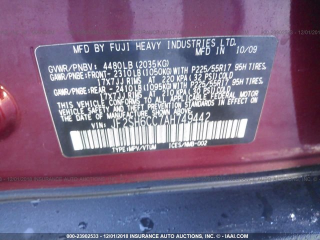 JF2SH6CC7AH749442 - 2010 SUBARU FORESTER RED photo 9