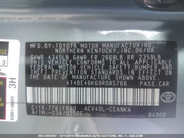 4T4BE46K69R085766 - 2009 TOYOTA CAMRY SE/LE/XLE 绿色 照片 9