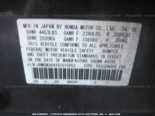 JHMCN364X5C015653 - 2005 HONDA ACCORD HYBRID BLUE photo 9